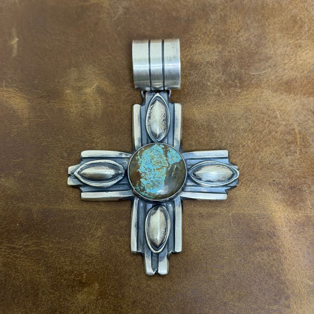 Native American Handmade Sterling Silver & Turquoise Zia Pendant Chimney Butte